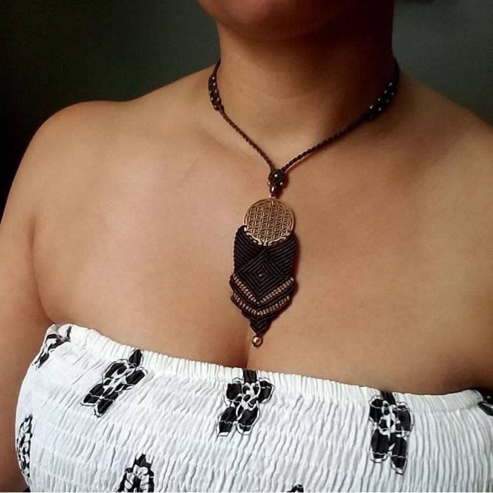 Handmade macrame adjustable necklace with Flower of Life brass medallion